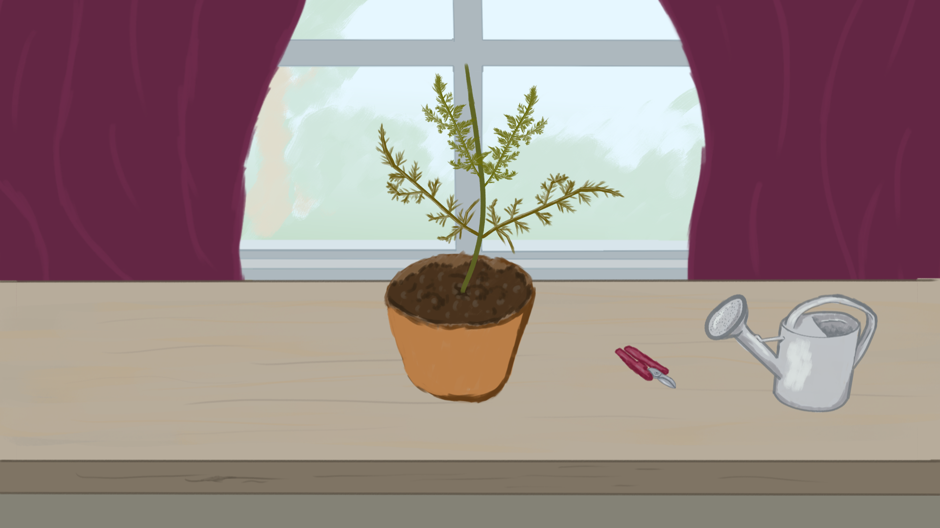 Ein Screenshot eines Spiels in einem Handgemalten Stil. Darauf abgebildet
    sind ein Holztisch vor einem Fenster mit violetten Vorhängen an dessen Seiten.
    Auf der Mitte des Tisches steht eine zierliche, grüne Topfpflanze. Auf der rechten
    Seite liegen eine violette Schere und eine Gießkanne aus Metall.