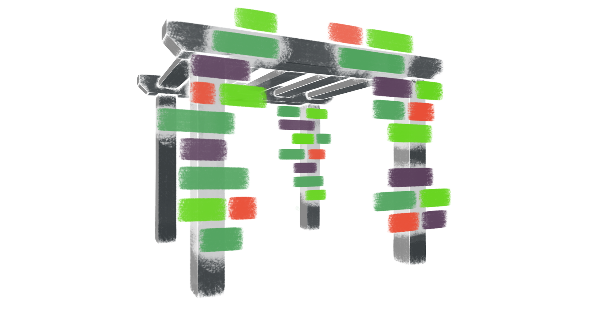 Eine perspektivische Zeichnung einer Pergola in Grau. Statt Blumen ist sie von
horizontalen Streifen in grün, rot und violett überwachsen. Die Streifen sind
angeordnet wie Codezeilen in der Minimap eines Codeeditors.
